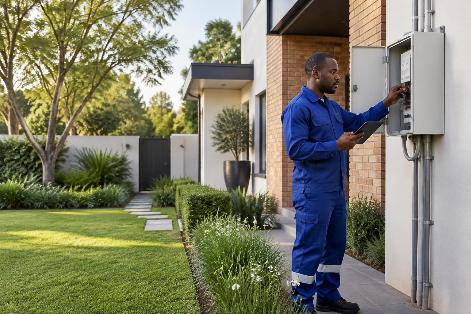 Illustrative image of a facilities maintenance technician inspecting a residential property's service enclosure with a tablet